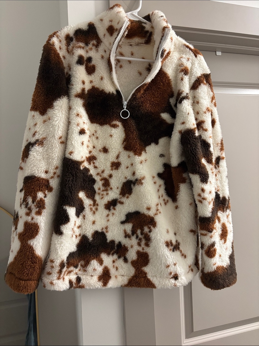 Faux-Sherpa Half-Zip Pullover Sweater - Cream & Brown